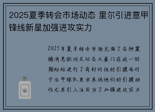 2025夏季转会市场动态 里尔引进意甲锋线新星加强进攻实力